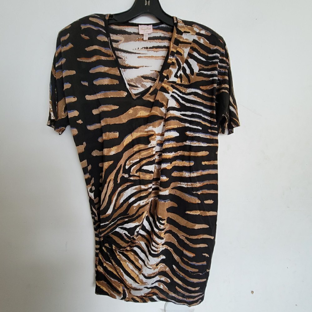 Tracy Reese Vintage Tiger Animal Print Short Sleeve Shoulder Pad Blouse Sz Small